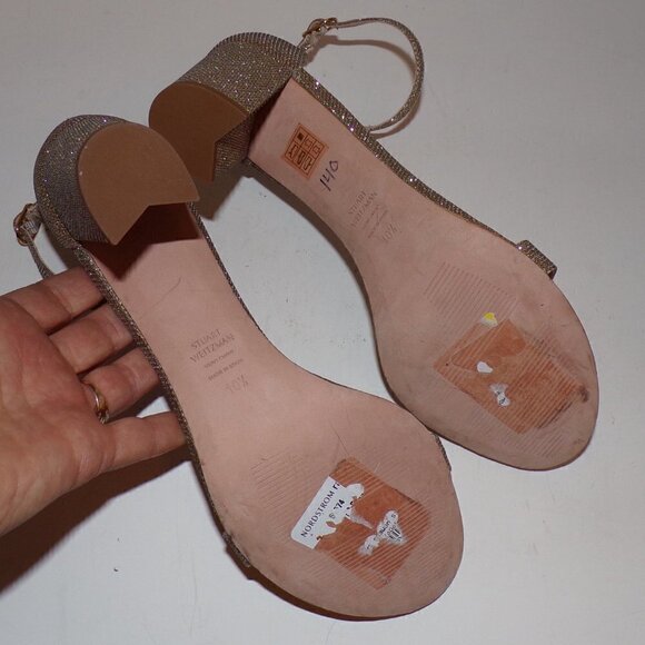 Stuart Weitzman Nearlynude Block-Heel Glitter Sandals Gold Shoes US 10.5… - Picture 6 of 6